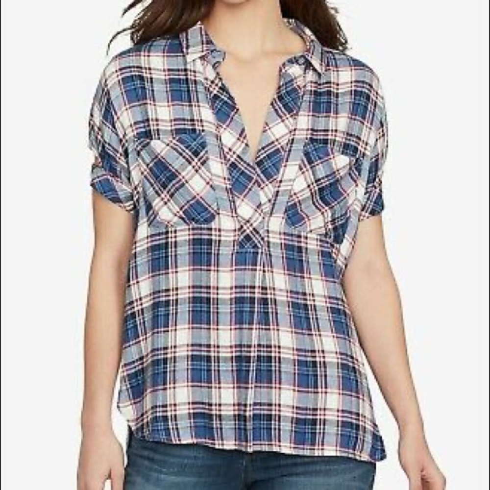 William Rast Red White Blue Plaid Top Sz M EUC